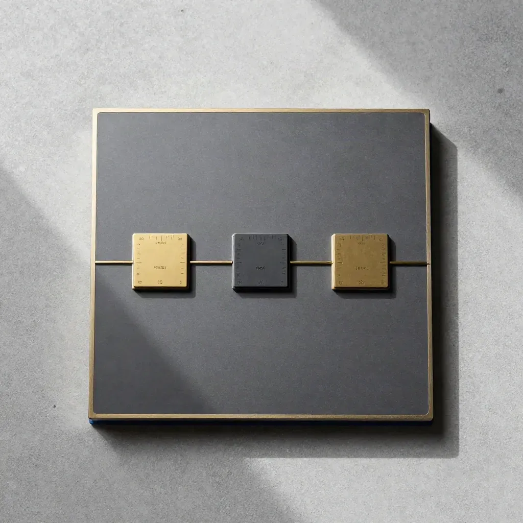 Graphite KPI board tile with brass divider and three metric chips on concrete.