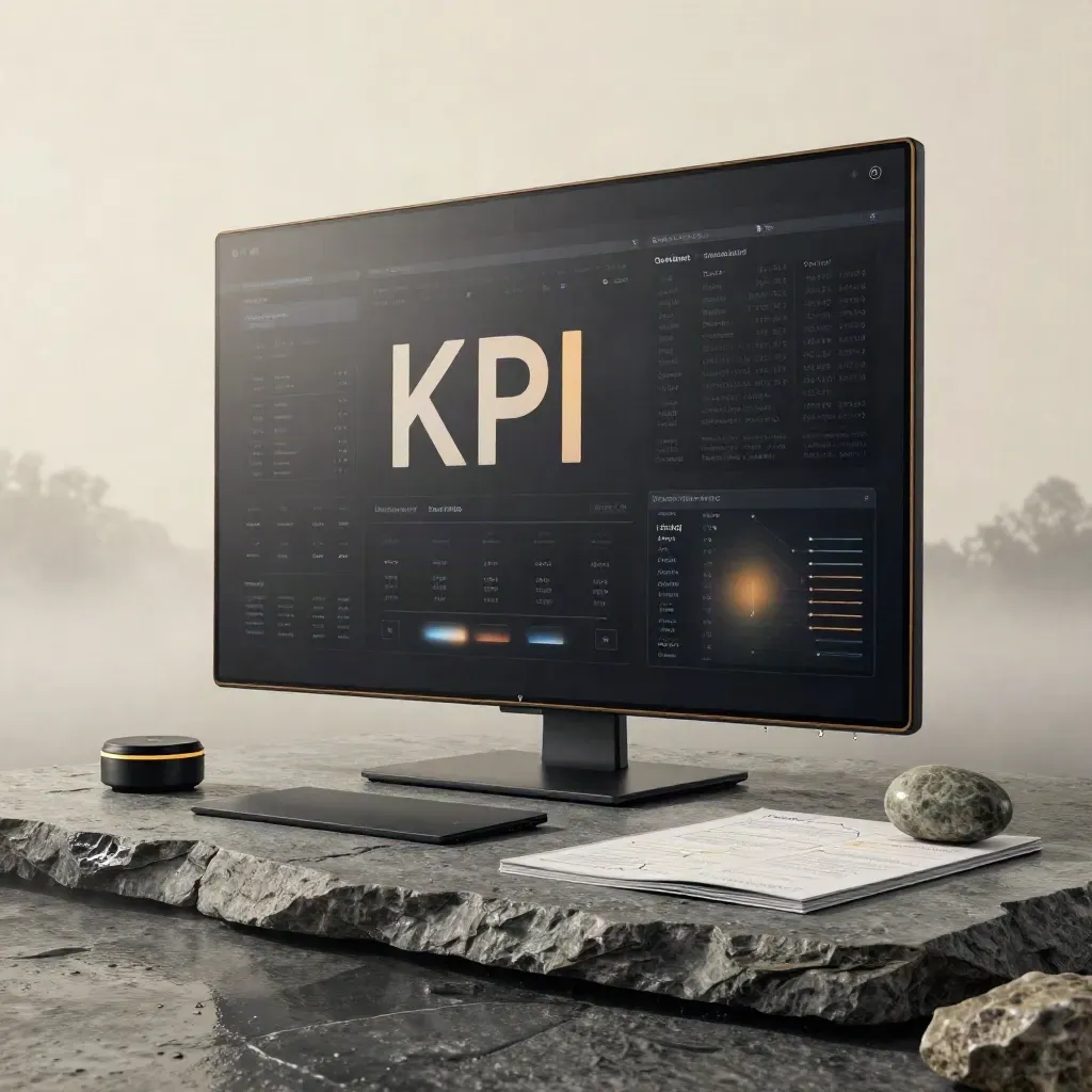 Matte-black KPI command board with alert puck and strategy props on wet stone at dawn