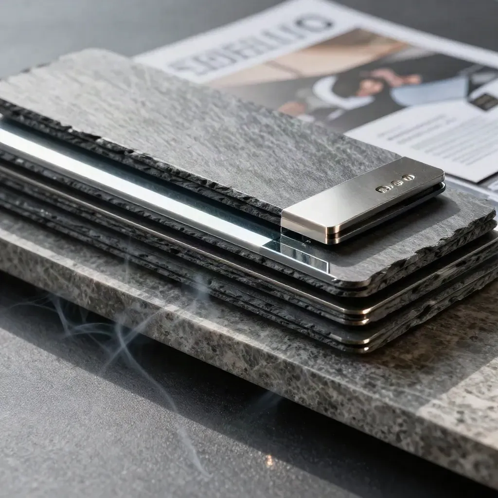 Slate competitor watch modules with mirrored bar and metal tab on polished stone in dramatic studio light.