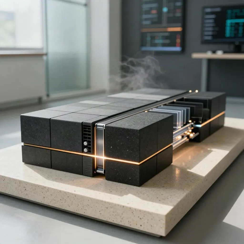 Charcoal alert modules with an amber seam on travertine, mist and blurred data-lab lights.