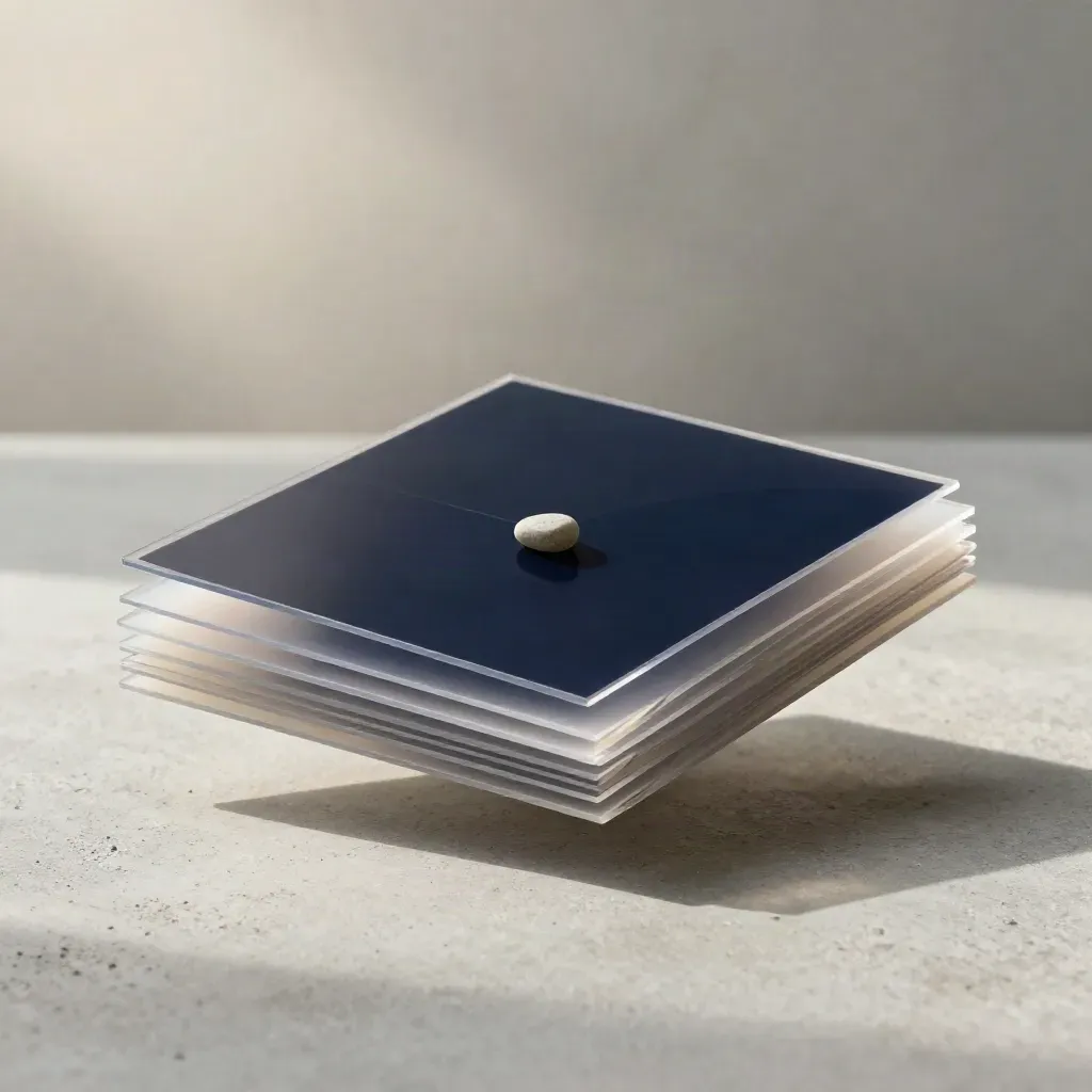 Translucent strategy sheets hover over concrete with a navy folded card and stone markers.