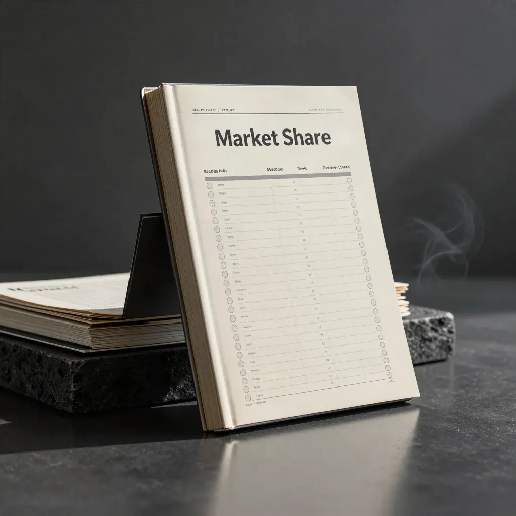 Cream and graphite market share sheets leaning on a charcoal block in dramatic studio light.