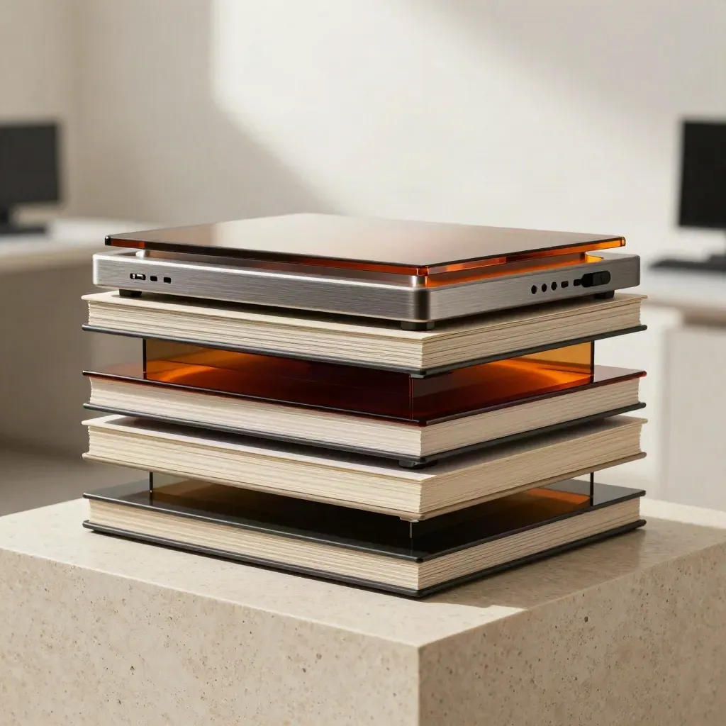 Oversized data dashboard, alert and report modules stacked on a travertine pedestal with ember light