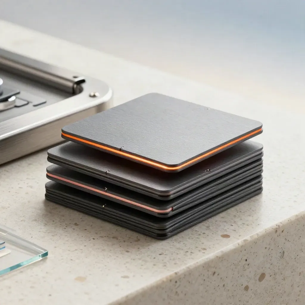 Graphite alert pack with clipped cards and orange glow on travertine in a sleek data-lab