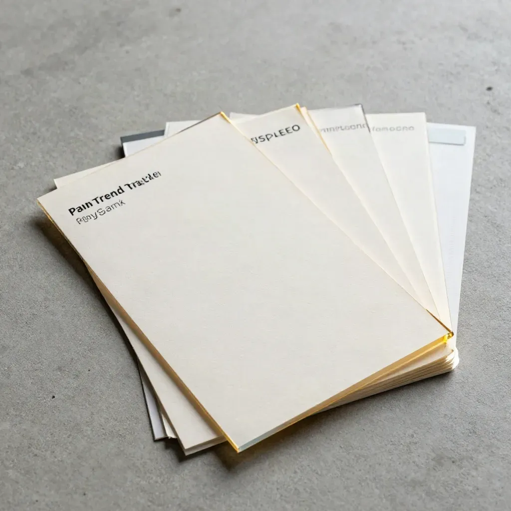 Overhead flatlay of SEO trend tracker keyword cards, translucent tabs, and a graphite index block.