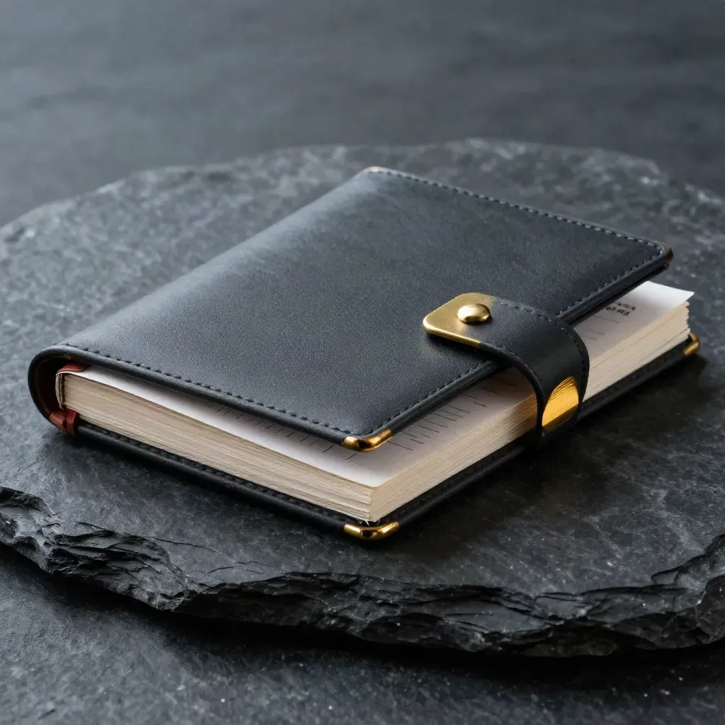 Dark ledger-style pack with brass markers on a black stone slab in smoky dramatic light.