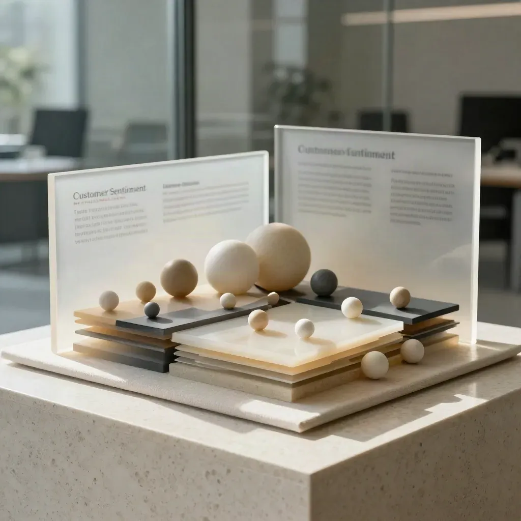 Layered acrylic sentiment map panels with ceramic spheres on linen and travertine in soft side light.