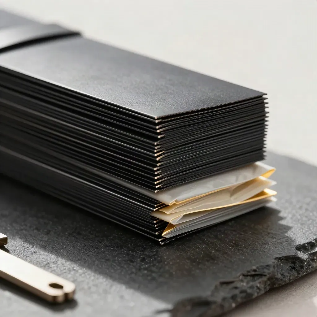 Matte black strip bundle with magnetic clips and a pale folded wrapper on charcoal stone.
