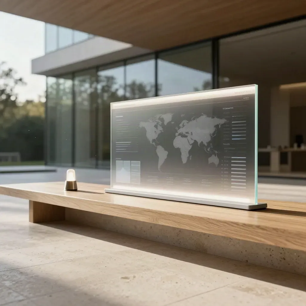 Sunlit travertine interior with a glass analytics panel and calm floor for copy.