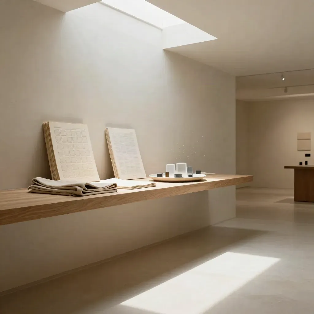 Sunlit gallery walkway with layered cream reports, linen cloth and ceramic tray, calm lower space.