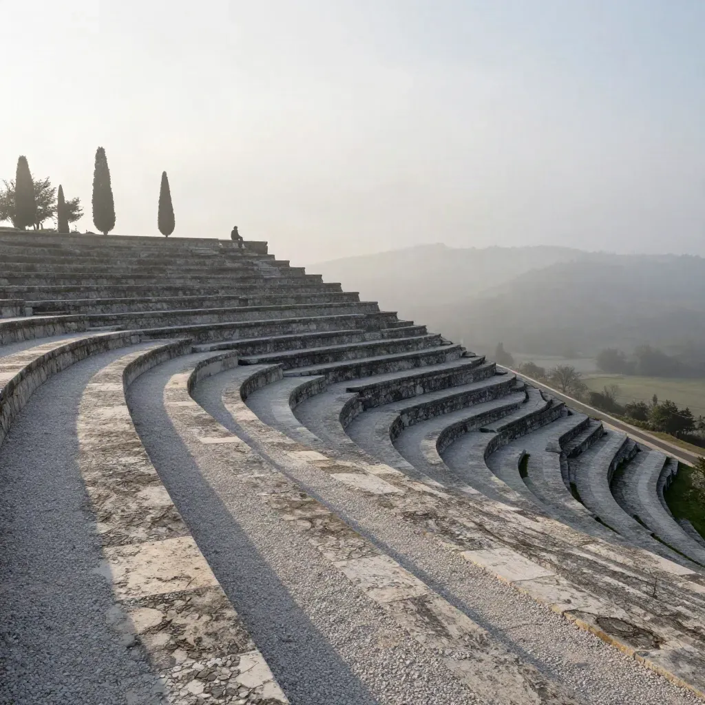 Foggy hillside lookout with stone terraces and cypress above an empty misty valley