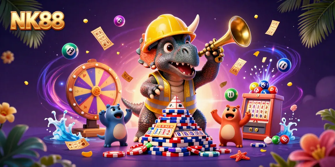 Bet on NK88 with vibrant casino elements, showcasing a dynamic triceratops in a 3D scene.