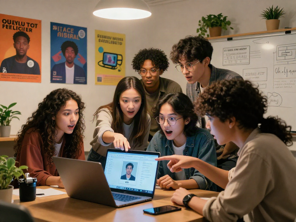 Young adults engaged in an AI game to determine how old do I look, surrounded by tech and teamwork.