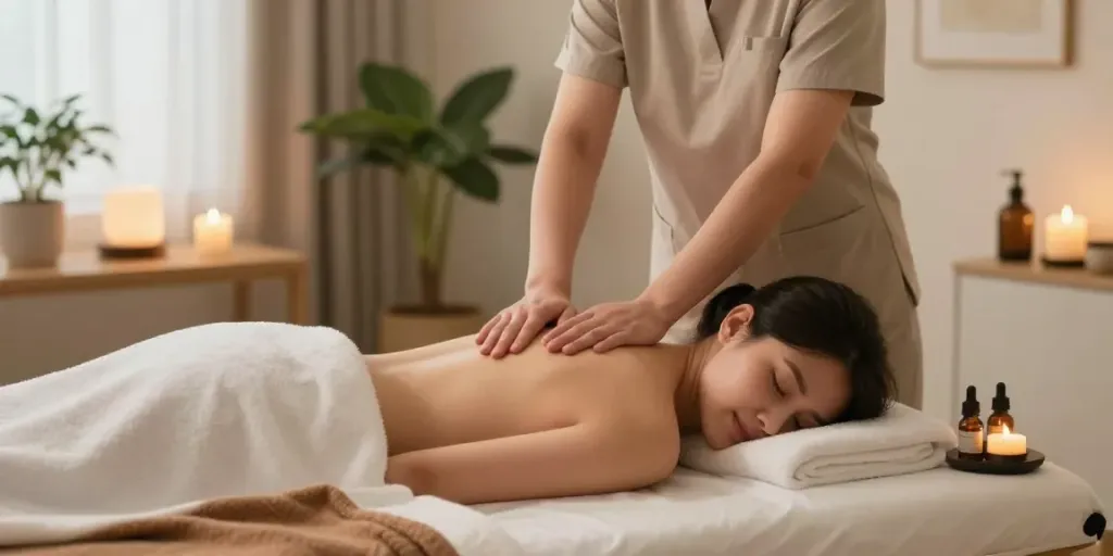 Relaxing 광명출장안마 session with professional therapist preparing aromatherapy massage in tranquil home setting.