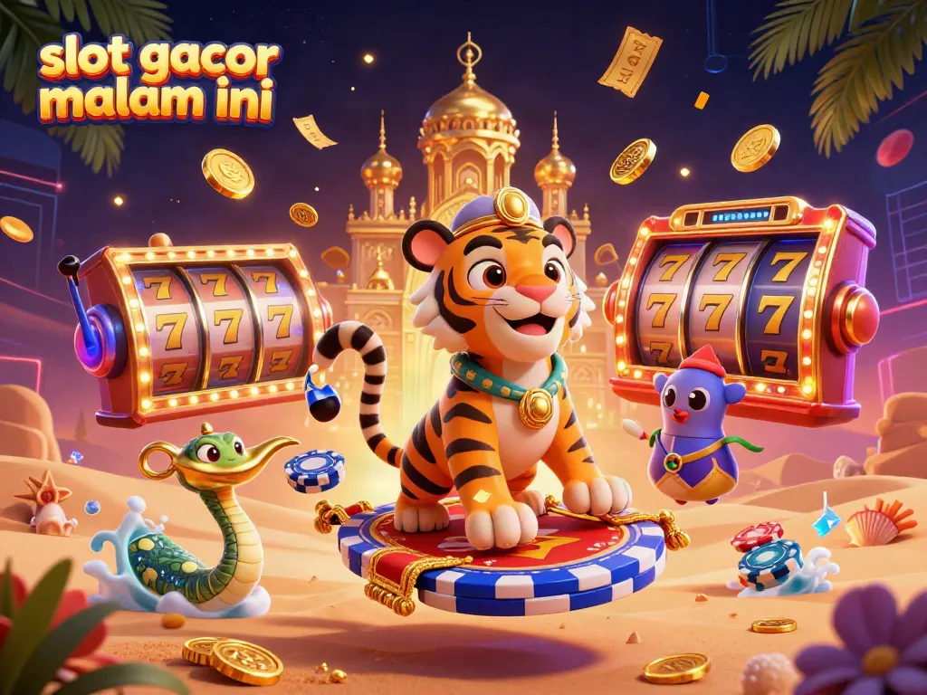 Engaging casino scene showcasing slot gacor malam ini with a tiger sultan, spinning reels, and vibrant game elements.