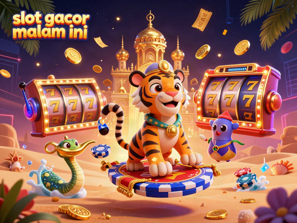 Engaging casino scene showcasing slot gacor malam ini with a tiger sultan, spinning reels, and vibrant game elements.