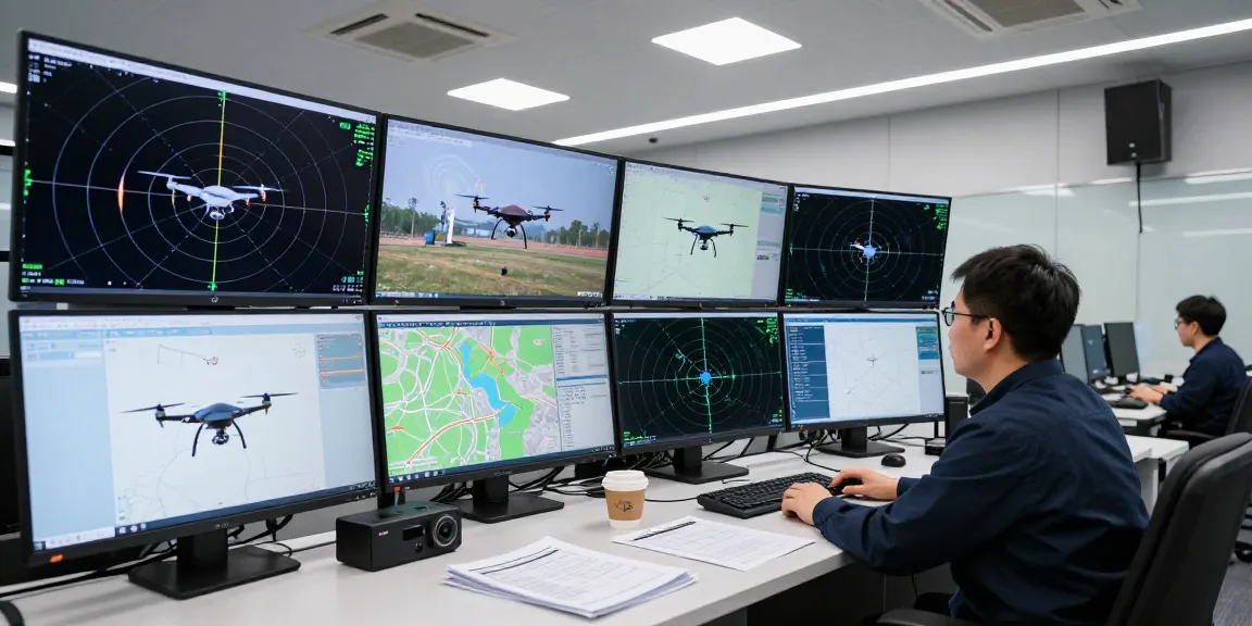 Expert technician in a high-tech setting monitoring anti drone jammer systems for effective airspace security.