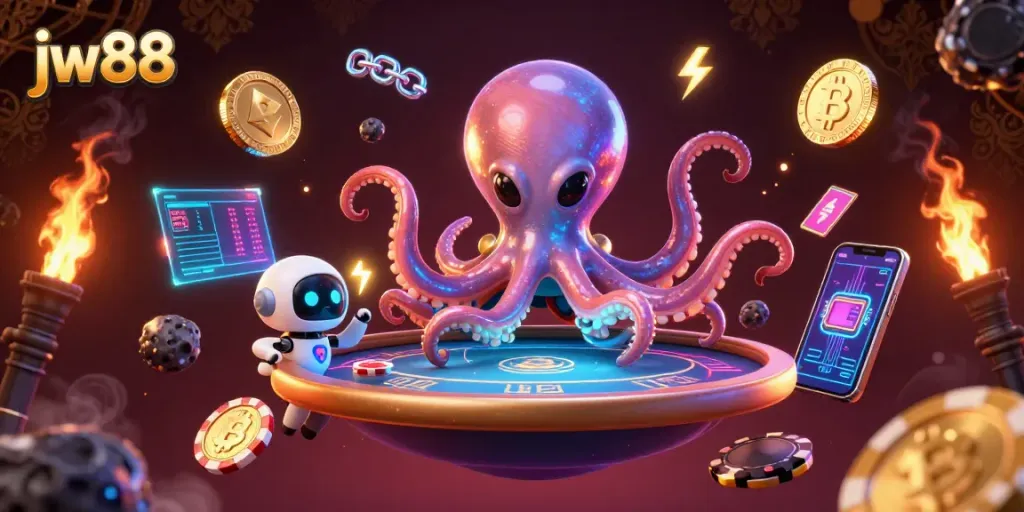 Engage with the jw88 alien octopus at a thrilling holographic poker table in space.