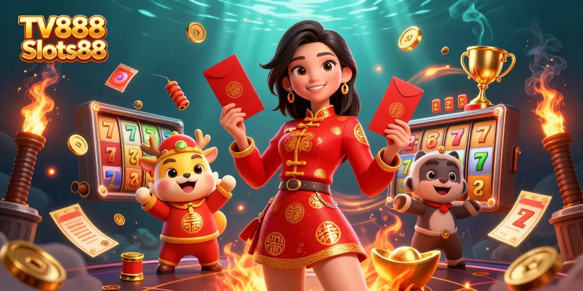 Spin and win at TV888 Slots88 with vibrant festive characters and dynamic slot elements.
