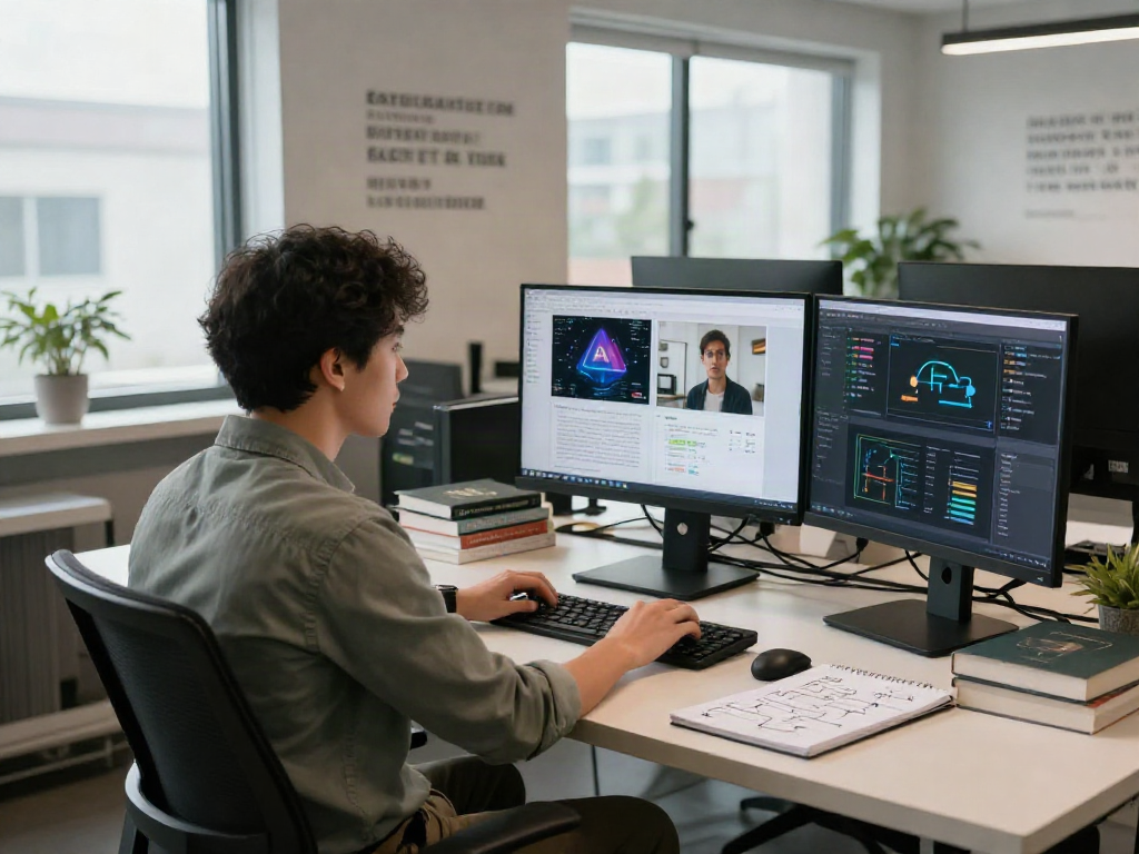 AI-Generated Image Detection workspace with scientist analyzing images and data visualizations in a modern office.