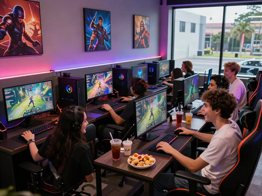 Group of friends enjoying multiplayer gaming in a vibrant lounge, rokok88 themed decor and snacks.