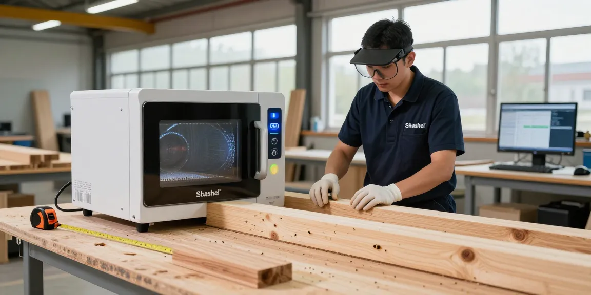 SHASHEL® wood treatment technician using microwave technology to eliminate wood-boring insects in a modern workshop.