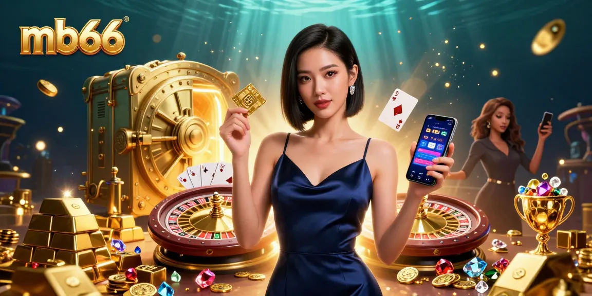 Engage with mb66, showcasing a confident woman at a vibrant casino, featuring a roulette wheel and treasures.