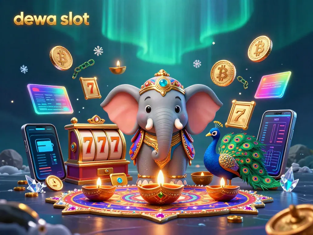 Gambar dewa slot yang menampilkan karakter gajah berhiaskan emas dan simbol slot.
