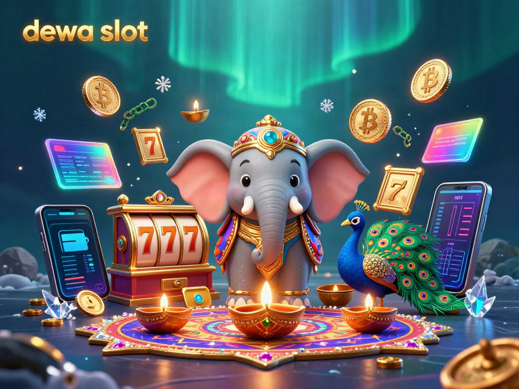 Gambar dewa slot yang menampilkan karakter gajah berhiaskan emas dan simbol slot.