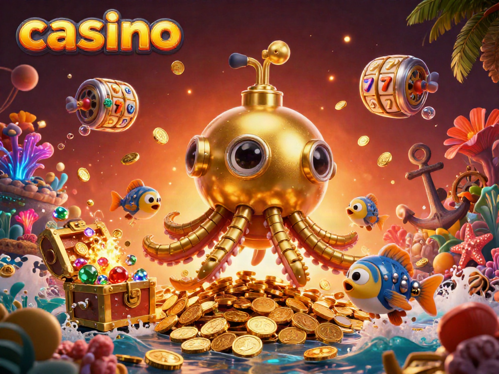 Experience thrilling casino entertainment with a dynamic kraken submarine surfacing in gold coins.