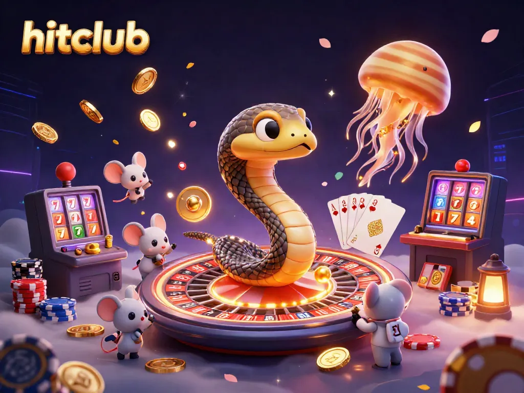 Hitclub game depicting a cosmic roulette with astronaut mice betting among cosmic elements and golden jellyfish dealer.