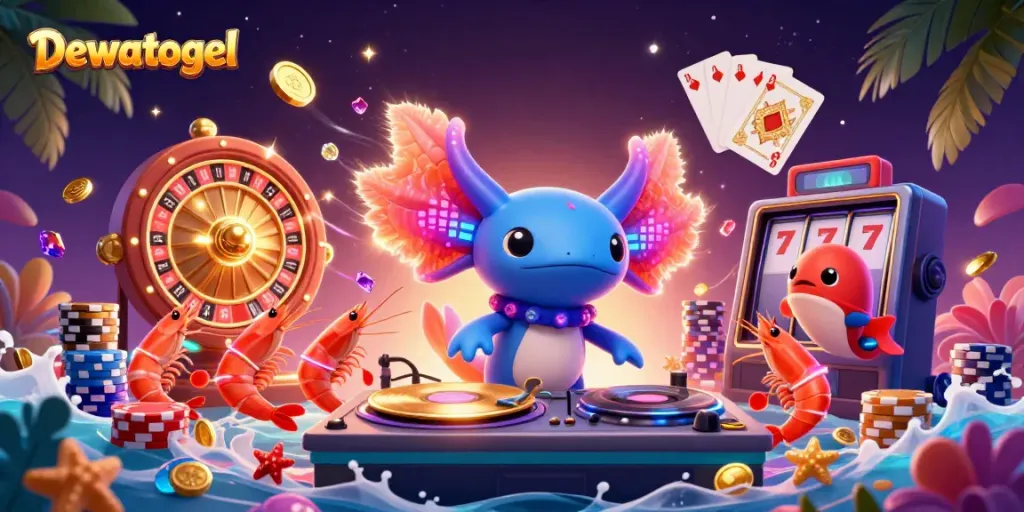 Dewatogel offers a vibrant 3D rendition of an axolotl DJ and immersive casino gameplay elements.