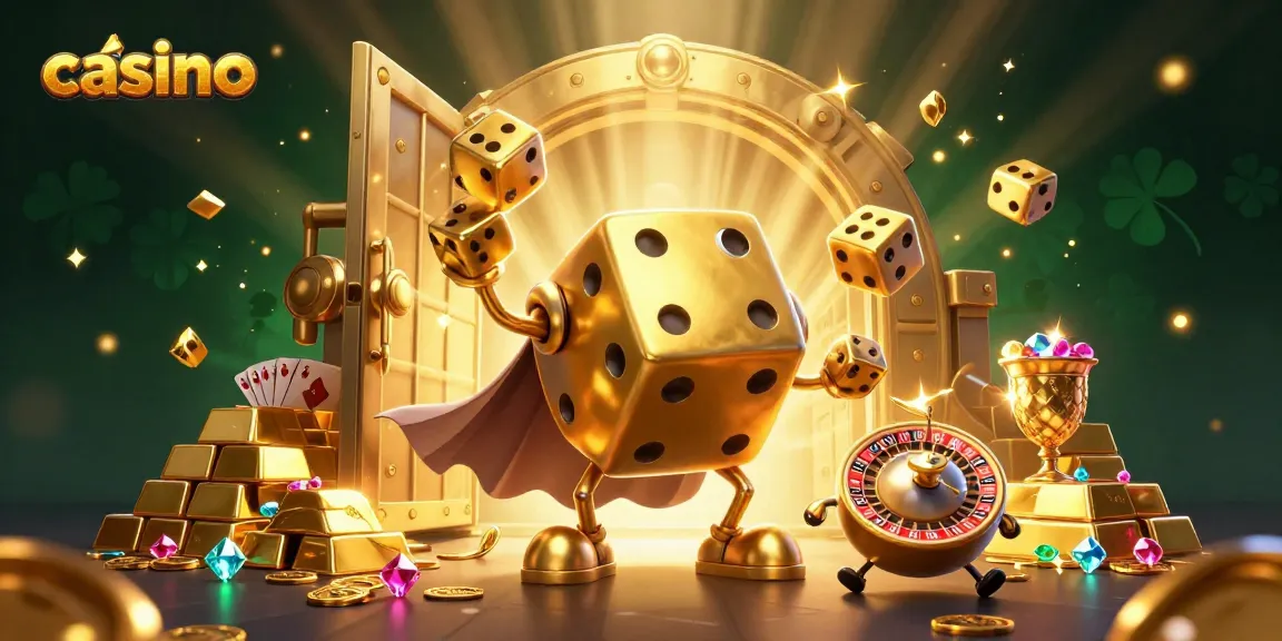 Spin the casino dice in a vibrant 3D cartoon scene with treasures and luck.