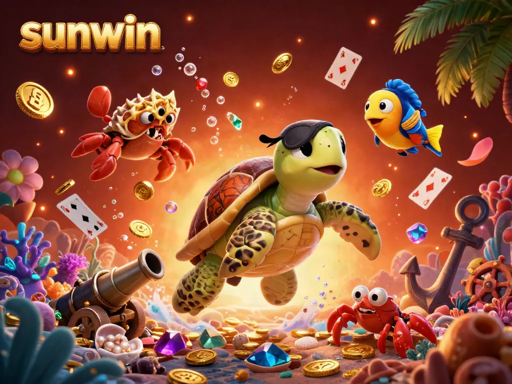 Engage with sunwin's immersive gaming world, featuring vibrant characters amidst floating treasures and iconic gaming elements.