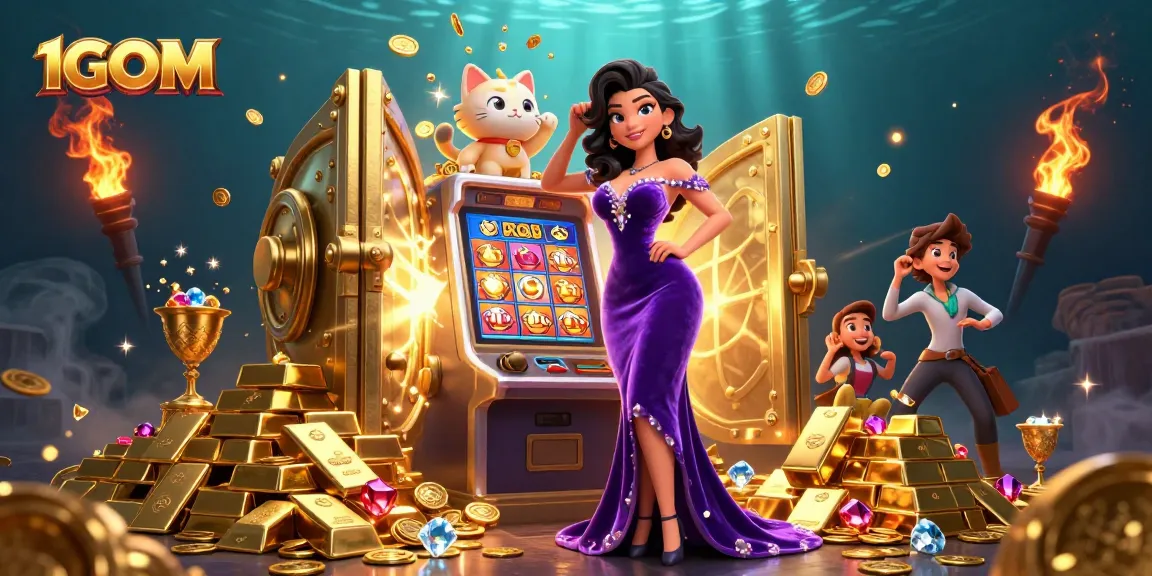 Engage with 1GOM's dynamic slot machine gameplay, featuring coins erupting and a waving mascot.