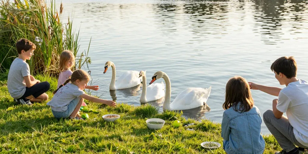 Family feeding swans with suitable food options while learning about what swans eat in a serene lake environment.