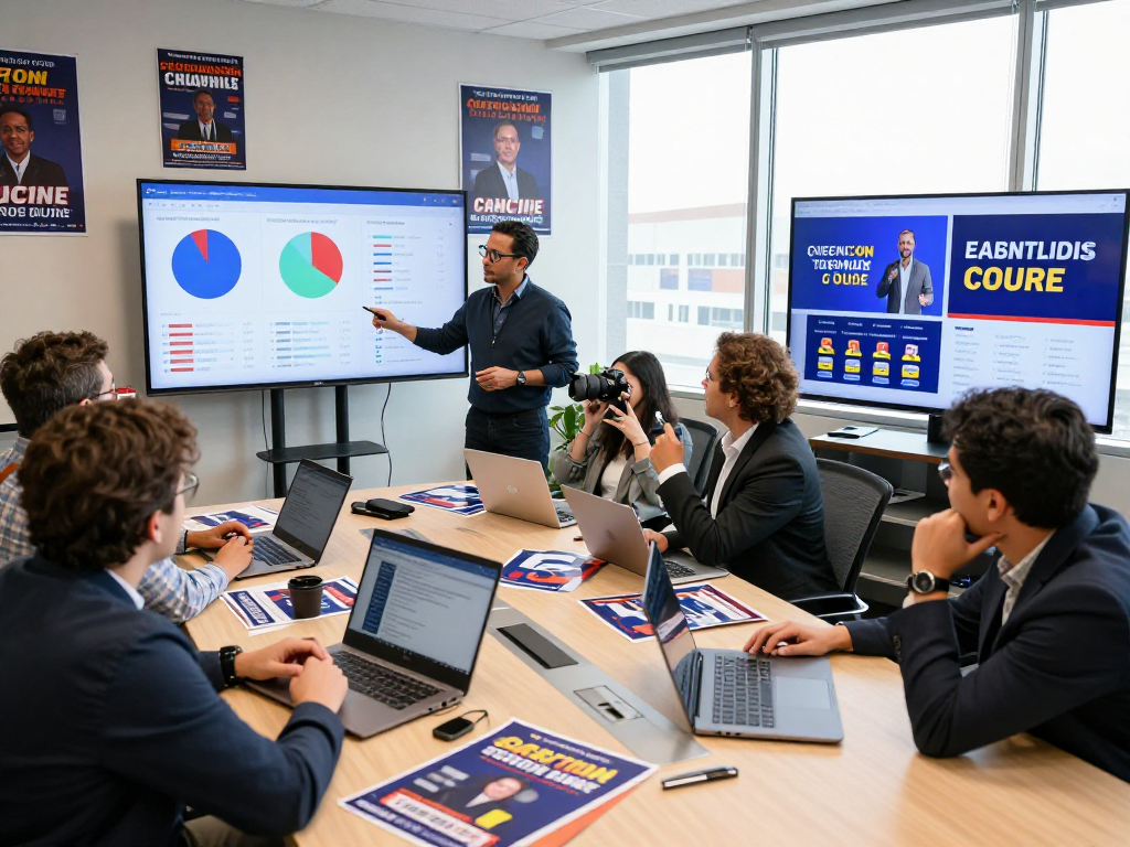 Consultant analyzing digital advertising for political campaigns data in a collaborative workspace.