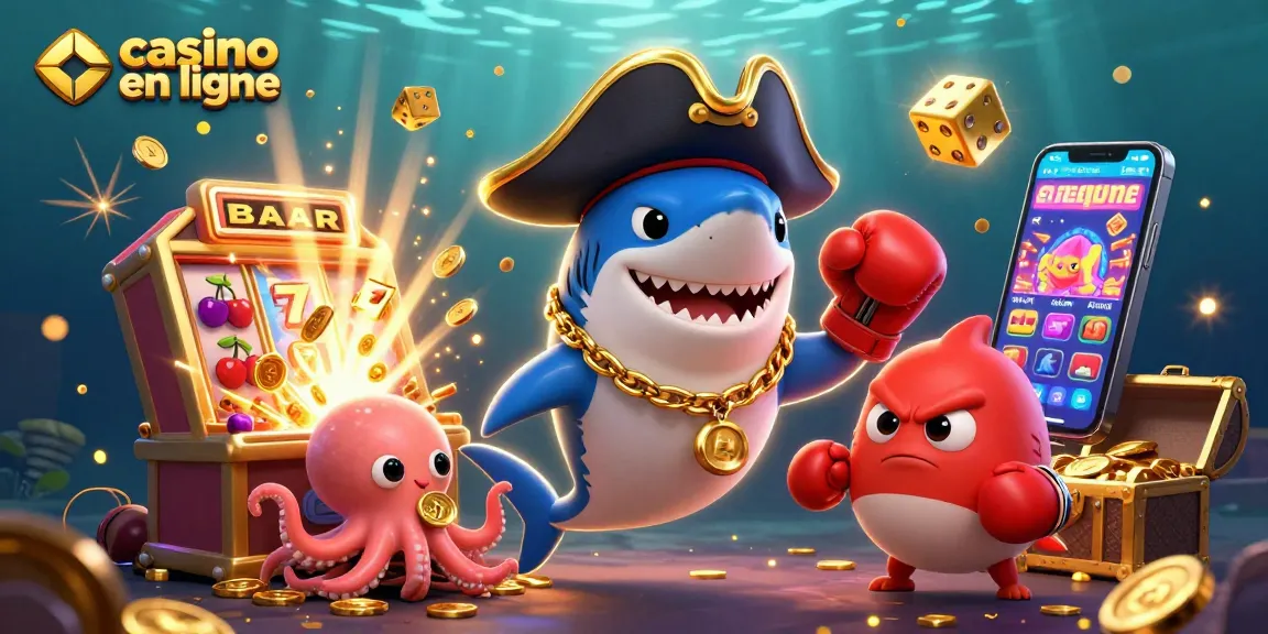 Le pirate requin et ses amis s'amusent au casino en ligne avec des symboles et des jetons.
