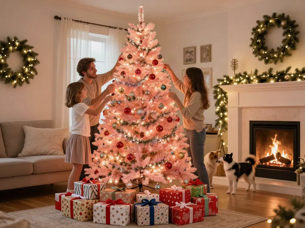 Family decorating a pink pre lit xmas tree with colorful ornaments and festive decorations in a cozy living room.
