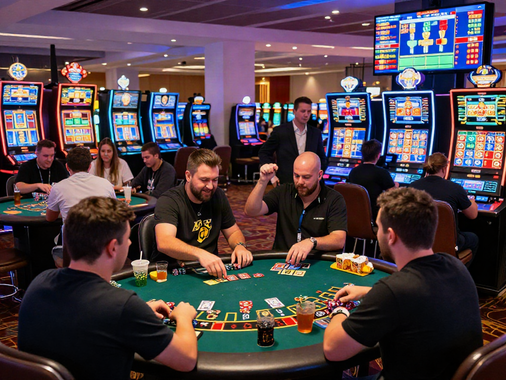 Situs casino online scene with players enjoying vibrant games, colorful slots, and friendly atmosphere.