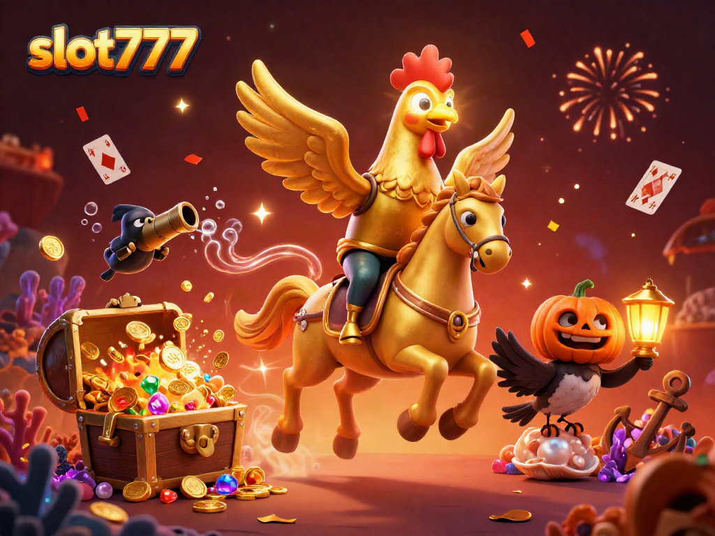 Menangkan slot777 dengan keberuntungan yang bersinar dari karakter ayam jantan emas dalam kasino malam.