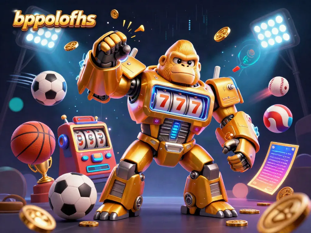 Engage in thrilling gameplay at bppolofhs with a dynamic 3D illustration of a golden gorilla mech surrounded by sports elements and casino features.