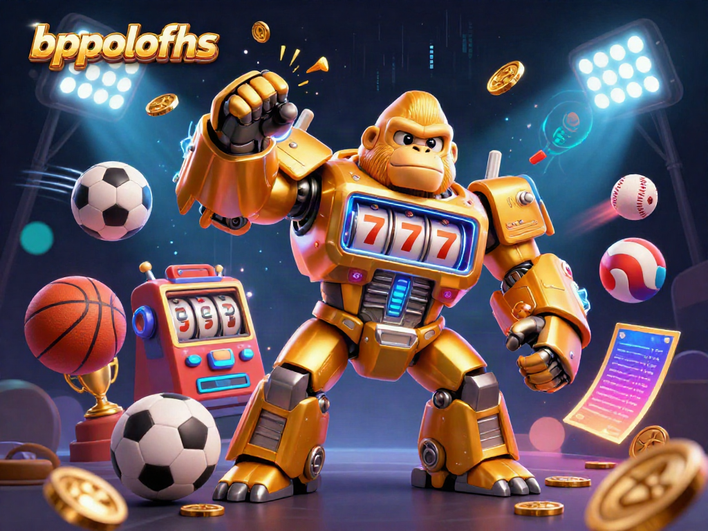 Engage in thrilling gameplay at bppolofhs with a dynamic 3D illustration of a golden gorilla mech surrounded by sports elements and casino features.