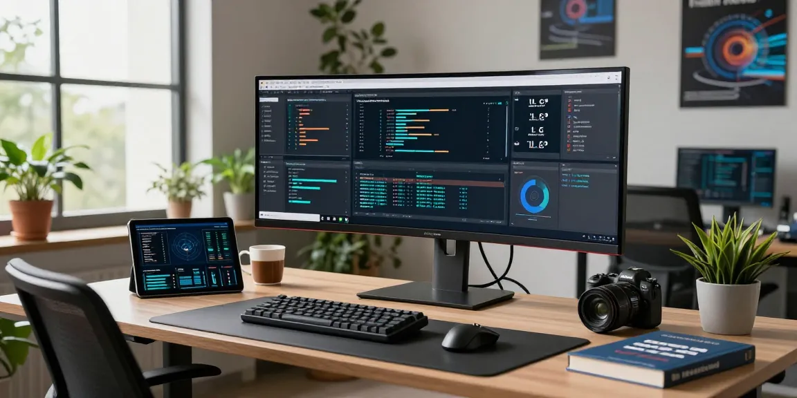 Software engineer analyzing LLG link indx services data on a large monitor in a modern office.