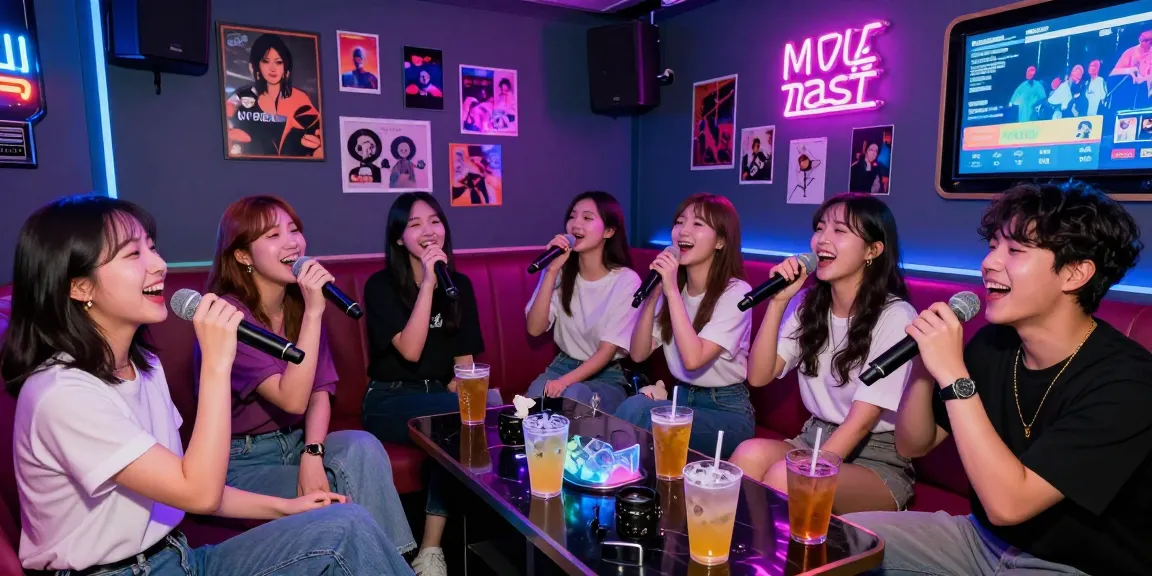 Group singing at a 강남가라오케 venue, vibrant lights and joyful atmosphere.