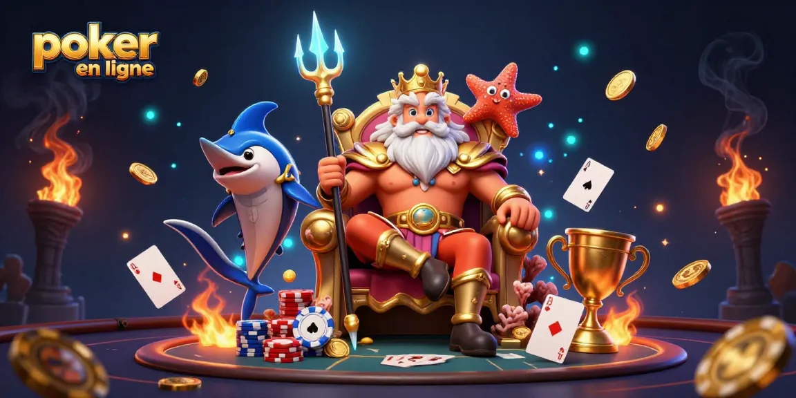 Jouez au poker en ligne avec des éléments animés comme des jetons et une main gagnante dans une scène immersive.