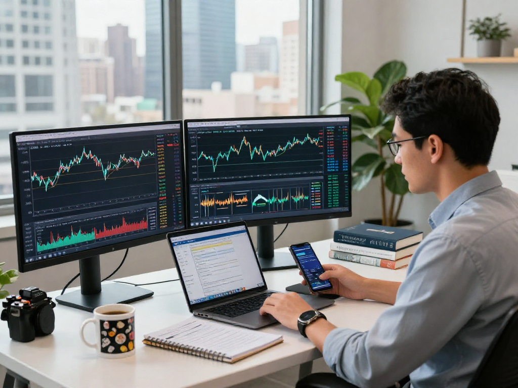 Focused market analyst using TradingView for real-time trading analysis in a modern office workspace.