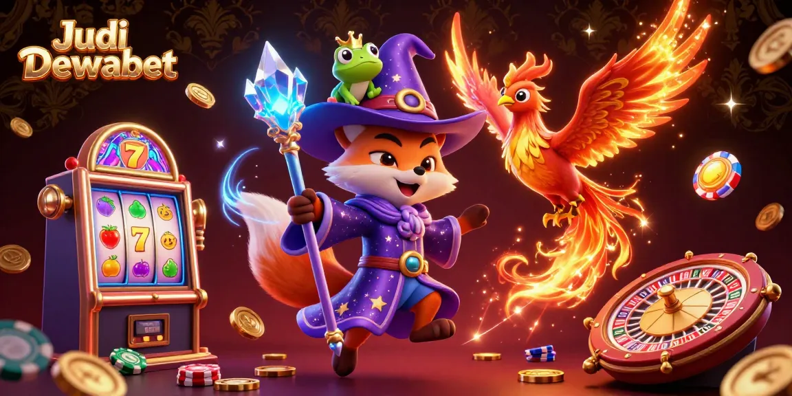 Engage with Judi Dewabet's vibrant 3D casino experience featuring a wizard fox, phoenix, and dynamic gaming visuals.