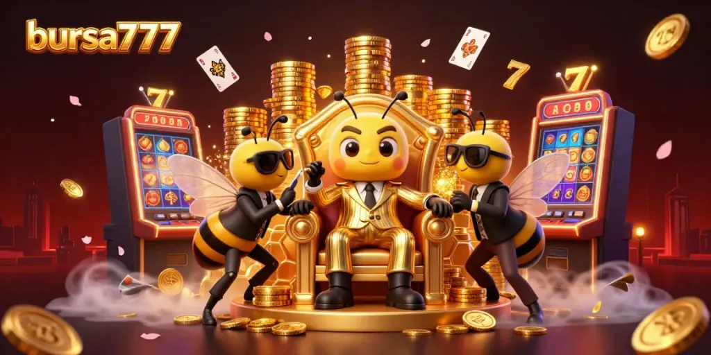 Slot menarik di bursa777, dengan simbol buah dan jackpot menyala dalam ilustrasi 3D yang kaya detail.