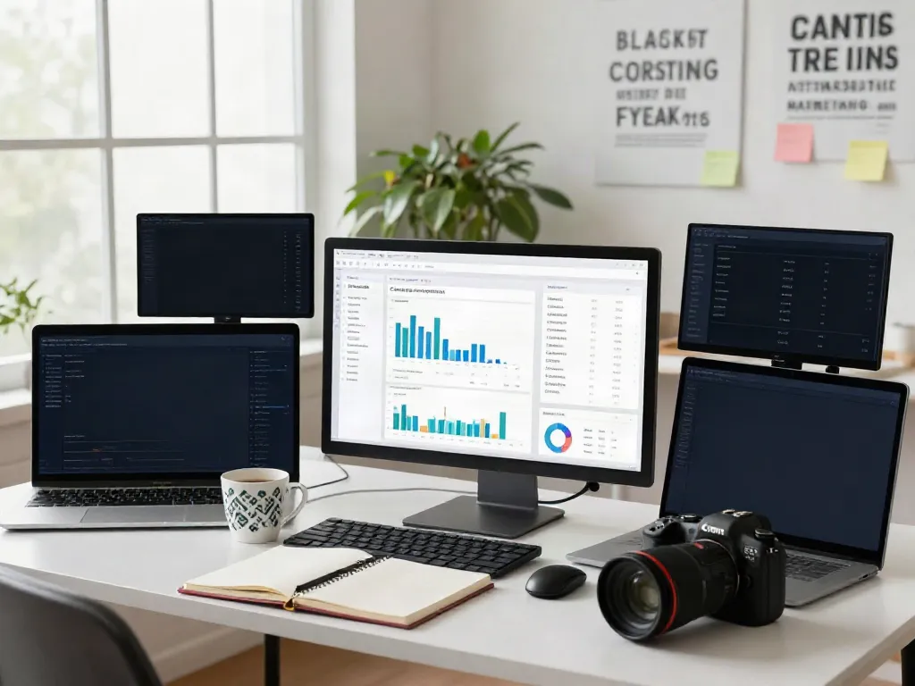 AI content generation for content marketers in a modern digital workspace with analytics and creativity.